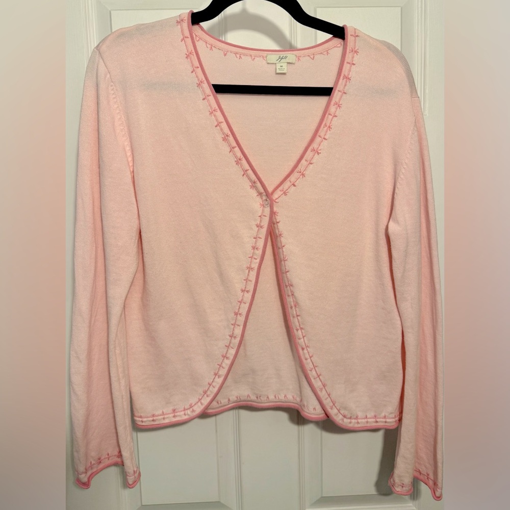 J. Jill pink 1-button lightweight cardigan sweater w/ embroidery trim detail - M